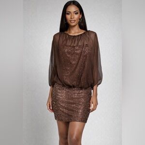 Suzi Chin Maggy London Dress Copper Brown 14 Sequin Sheer Sheath Party Wedding